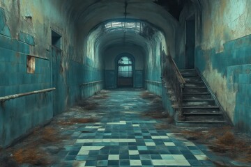 Fototapeta premium Abandoned Corridor with Checkerboard Floor and Staircase Leading to a Window