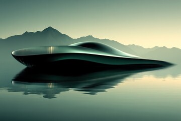 Futuristic Vessel Floating on Calm Waters with Mountainous Background