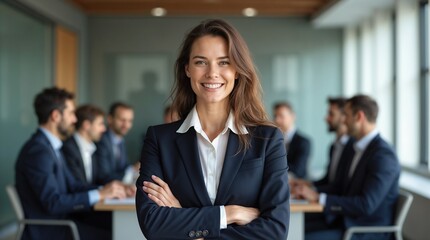 Confident woman in formal attire standing in modern office environment with blurred colleagues. Captures professional teamwork, leadership, and executive work atmosphere.

