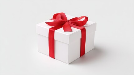 Obraz premium Minimalist illustration of a gift box with a vibrant red ribbon on a pristine white background