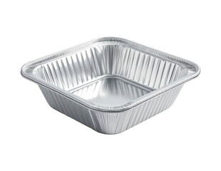 Obraz premium Empty Square Disposable Aluminum Foil Container with Ribbed Sides and Curved Edges for Food Storage and Baking Isolated on Transparent and White Background