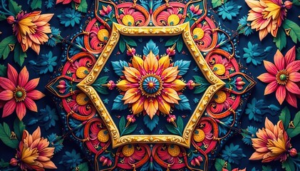 Intricate floral motif within a bold geometric hexagon , design element, rose