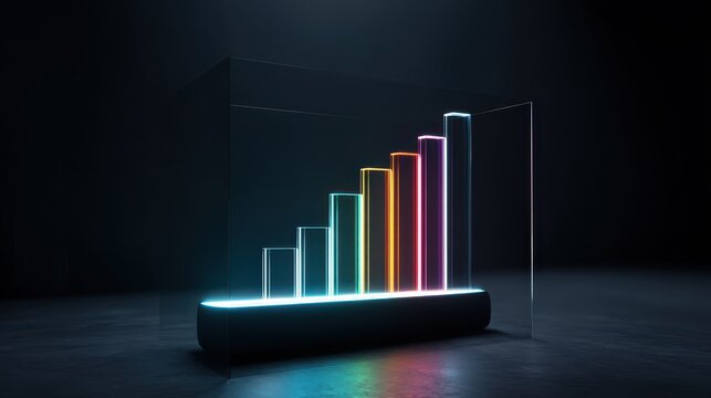 Neon crystal bar graph ascending on a sleek glass platform