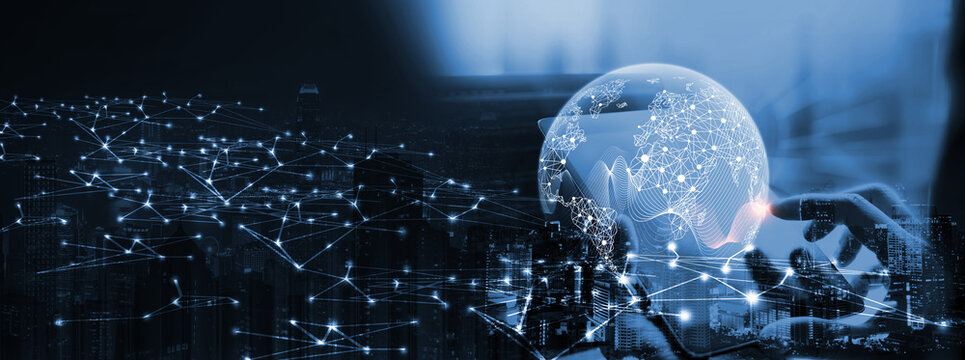 Internet network connection, digital technology, big data, digital marketing IoT internet of things. Woman using mobile phone and digital tablet surfing internet, innovative technology background - Powered by Adobe