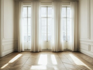 Fototapeta premium A room with three windows and white curtains. The curtains are open, letting in sunlight. The room is empty and has a wooden floor