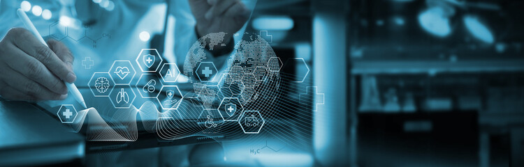 Medical technology, online health, global health network and tourism concept. Doctor using digital...