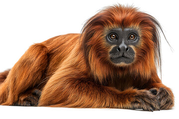 Obraz premium Golden-furred tamarin monkey resting on a white surface gazing intently with dark eyes highlighting its distinctive reddish-orange fur.