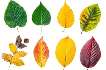 Autumn Leaves in Various Colors on White Background