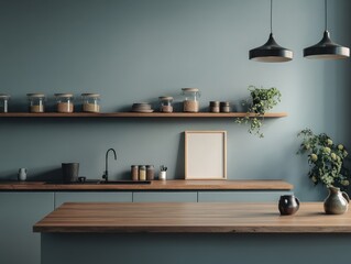A kitchen with a wooden counter top and a black sink. There are several shelves with jars and bottles on them. A vase is on the counter