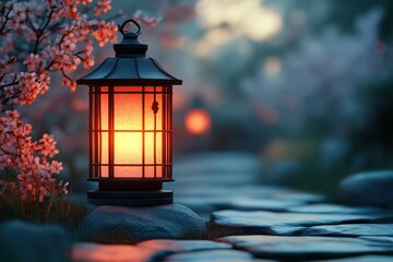 Glowing Lantern Amidst Serene Garden Pathway with Softly Lit Blossoms and Evening Sky