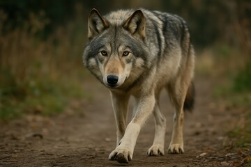 Fototapeta premium Gray Wolf Walking on Dirt Road in Forest