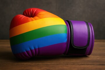 Boxing glove with rainbow flag lying on wooden surface