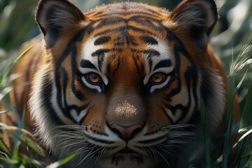Fototapeta premium Intense Gaze of a Wild Feline Predator in Natural Habitat CloseUp Portrait of a Striped Big C