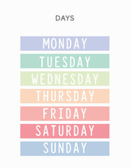 Days of the Week Poster –  Educational Chart for Kids, Preschool or Homeschool Use - Educational Poster - Printable - Pastel 