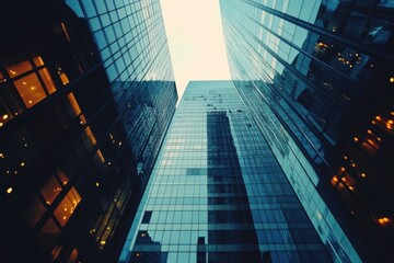 Towering Glass Skyscrapers Reach Towards the Sky, Reflecting Urban Architecture and Modern Design Elements