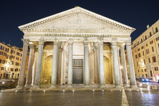 The Pantheon at night on Piazza della Rotonda square in Rome, Italy Non english inscripton means "Done by Marcus Agrippa, son of Lucius, when he was consul for the third time" 