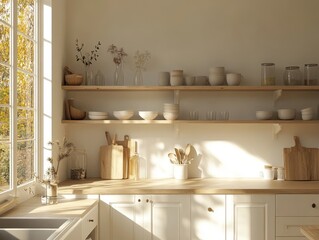 A kitchen with a window and a wooden counter. There are many bowls and plates on the shelves