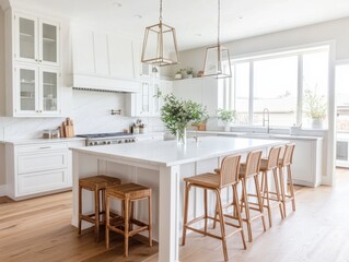 A large kitchen with a white island and a white counter. There are six chairs around the island