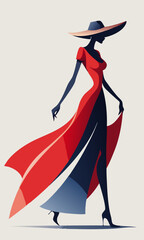 This image features a minimalist illustration of a woman in a red gown with a flowing silhouette, complemented by a wide-brimmed hat. 