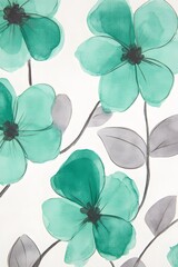 Teal Watercolor Flowers Botanical Seamless Pattern