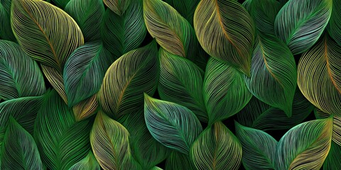 Intricate Line-Art Leaves: A Lush, Green Botanical Illustration
