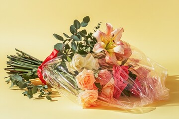 A vibrant bouquet of assorted flowers wrapped in plastic.