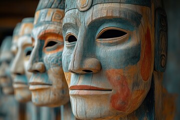 Intricate Wooden Masks with Vibrant Paint and Cultural Significance Ideal for Artistic and His