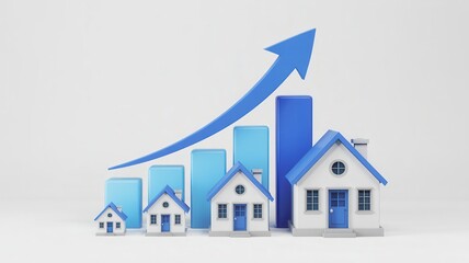 Real estate market growth concept with increasing bar graph and house models on white background