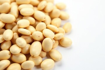Close-up of dry white beans on white background, vegan, closeup