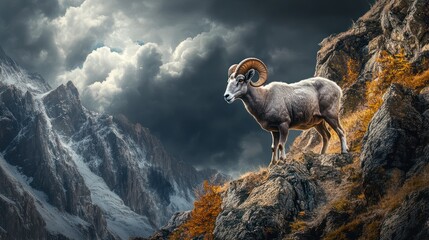 Majestic ram on mountain peak, storm clouds, autumn
