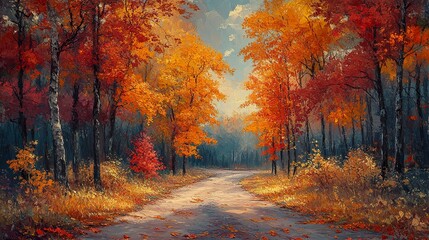 Fototapeta premium Colorful fall landscape with forest road framed by trees in peak foliage, magical and inviting scene 