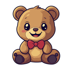 Fototapeta premium Cute cartoon teddy bear icon with a cheerful expression and a red bow tie sitting comfortably