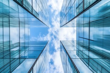 Obraz premium Modern Architecture: Glass Buildings and Skyward View, Reflecting Clouds and Sunlight in Urban Design