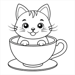 Smiling Cat in a Teacup Coloring Page