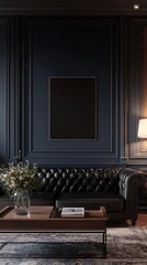 Fototapeta premium Interior Design: Dark Blue Room with Black Leather Sofa and Artwork