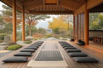 Serene Meditation Space with Traditional Architecture and Autumnal Garden View