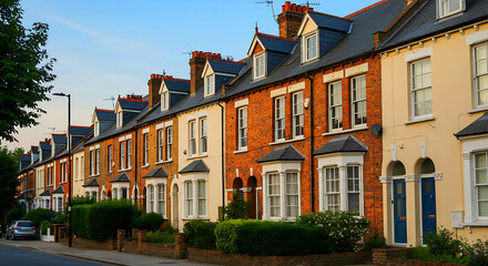 UK- Row of typical brick terraced houses in Wimbledon, south west London