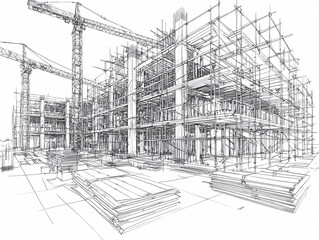 Fototapeta premium Line Drawing of Building Under Construction with Scaffolding and Cranes