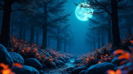 Enchanted Blue Forest Under Moonlight - Powered by Adobe