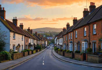 View of traditional residential street in English town at sunset