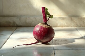 A whole beetroot with the stem attached, placed on a clean tiled surface, showcasing its vibrant color and natural beauty in a minimalist setting.

