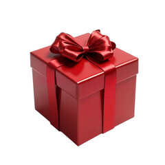 Red gift box with satin ribbon bow, Isolated on transparent background, birthday present mockup, closed square surprise box, ideal for promotional campaigns: Black Friday, Valentines, Christmas,