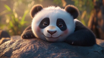 Obraz premium Cute giant panda resting lazily on a large rock, relaxed expression and natural zoo habitat background 