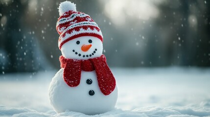 Fototapeta premium Cute holiday snowman with red mittens and Christmas hat standing in dreamy winter scenery 