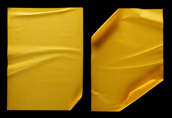  Set yellow wrinkled poster template, mockup of glued paper isolated on black background, clipping path