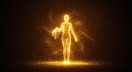 Fototapeta premium Golden ethereal figure with laundry basket amidst sparkling vortex on dark background