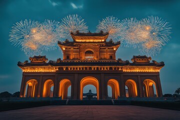 Spectacular Fireworks Display Over a Traditional Architectural Structure at Dusk