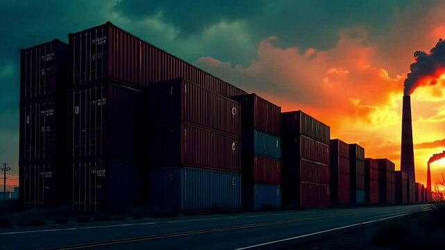 Stacked colorful cargo containers in a shipping yard at sunset under cloudy sky
