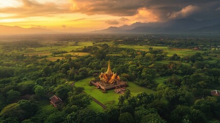 Fototapeta premium Aerial view of a Thai temple nestled in lush greenery with surrounding fields and a glowing sky