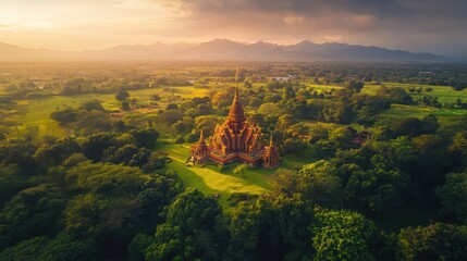 Naklejka premium Aerial view of a Thai temple nestled in lush greenery with surrounding fields and a glowing sky